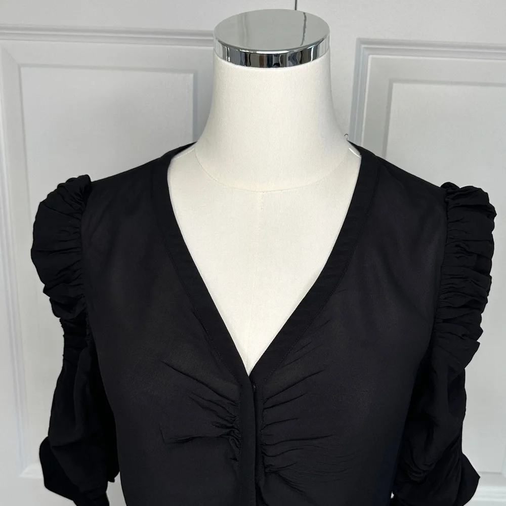 & Other Stories Black Silk Viscose Peplum Ruffled String Sleeve Blouse Size 4 - Picture 3 of 12